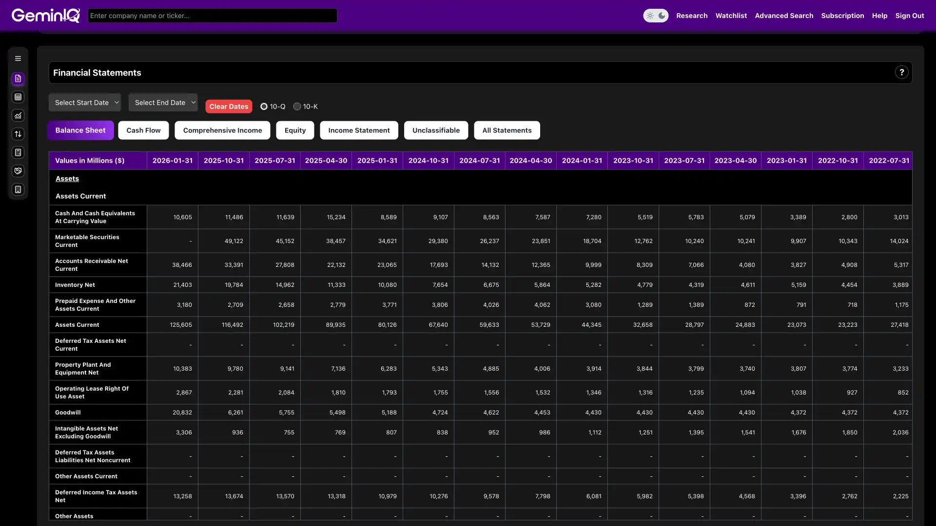Financial Statements Screenshot