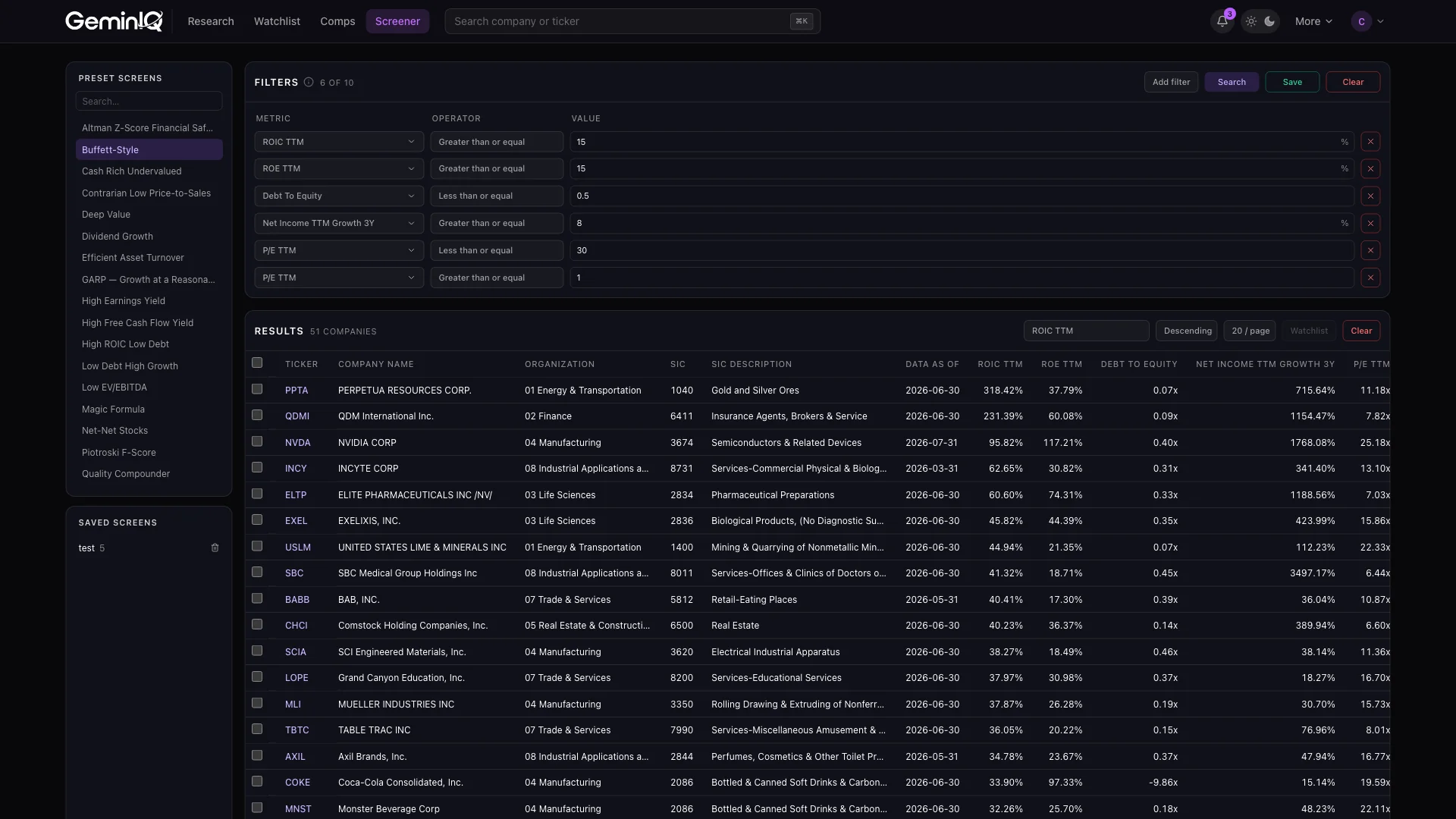 GeminIQ stock screener filter builder and matching results