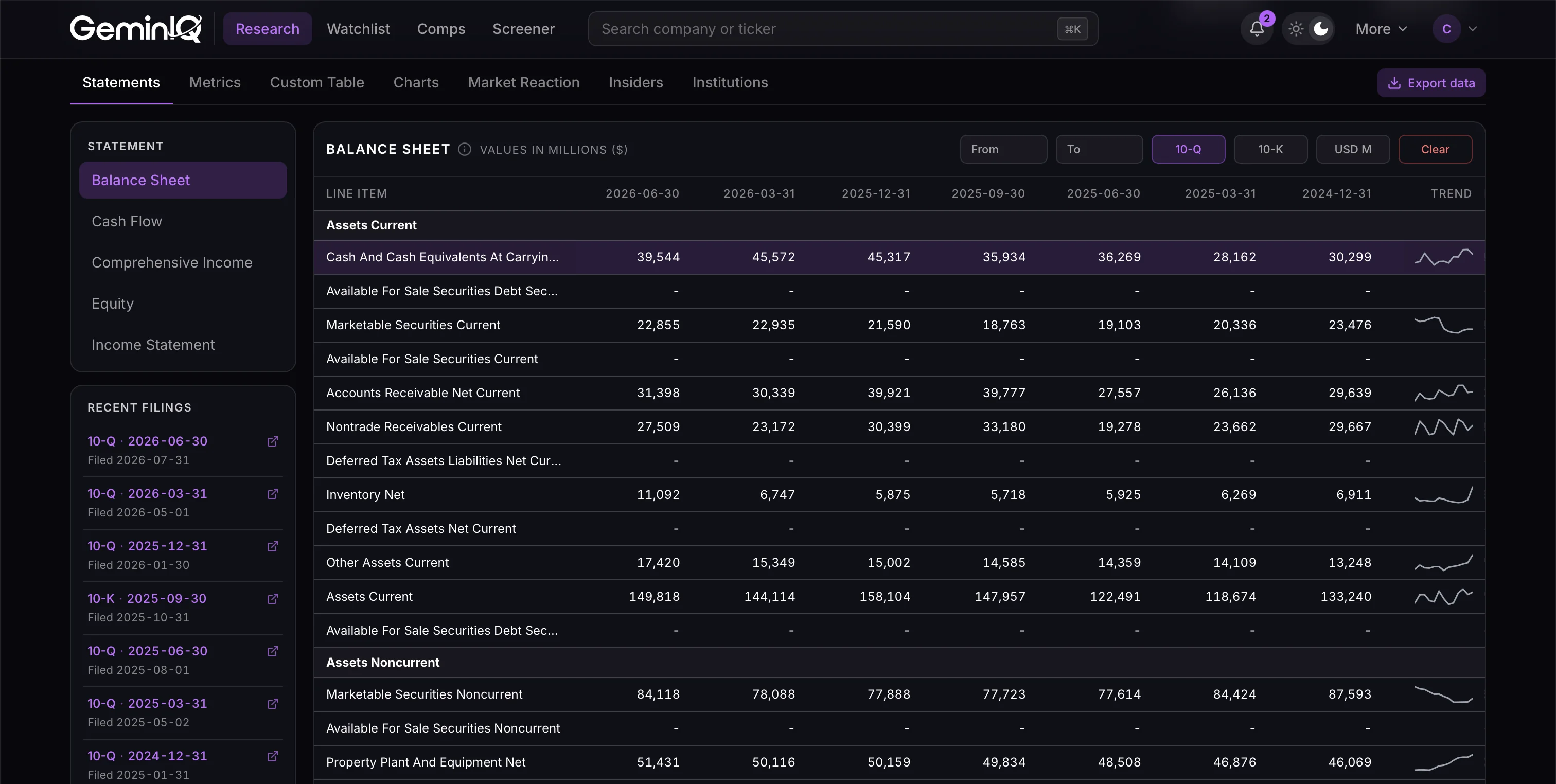 Apple's balance sheet on GeminIQ, quarterly 10-Q columns from 2024-12-31 to 2026-06-30, with the Recent filings list on the left linking each 10-Q and 10-K to SEC EDGAR